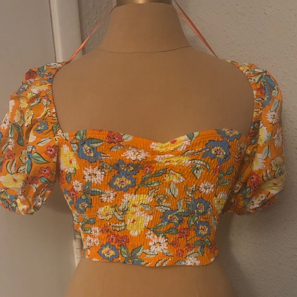 Zara Floral Orange Puff-Sleeve Smocked Crop Top S Festival Bohemian Cottagecore